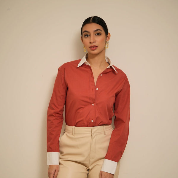 Women red shirt with white collars