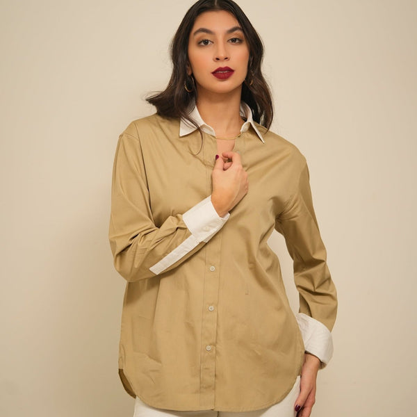 Women tan shirt with white collars