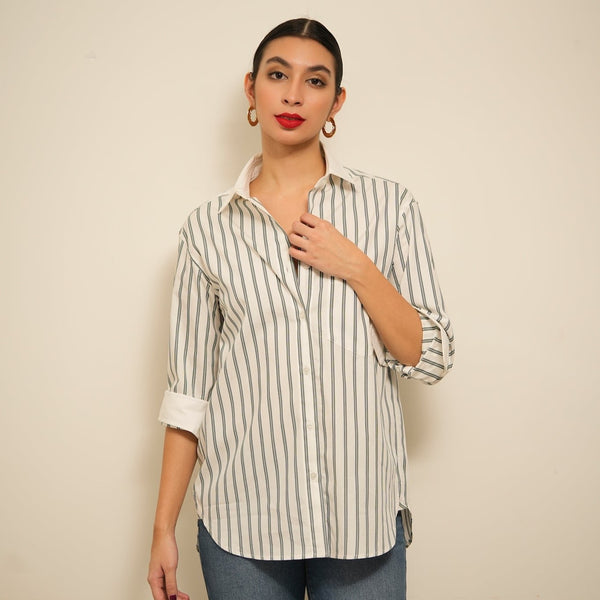 Women green striped office shirt